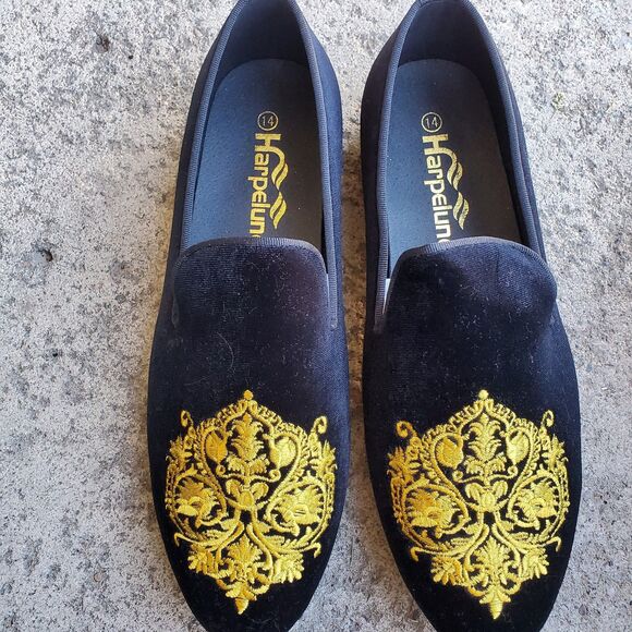 Harpelunde Men Moccasins Embroidered Velvet Loafers Smoking Slippers Size 14